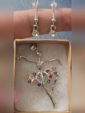 Silver Tone Necklace With Ballet Dancer Pendant & Rhinestones Plus Earrings NWOT